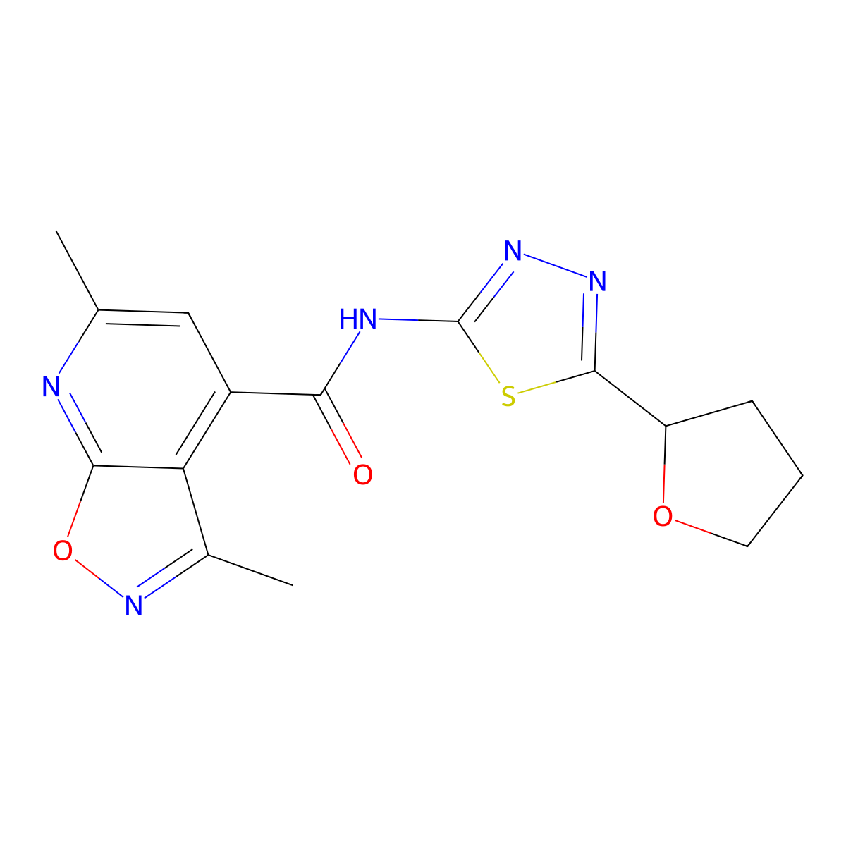 3,6-dimethyl-N-[(2E)-5-(tetrahydrofuran-2-yl)-1,3,4-thiadiazol-2(3H)-ylidene][1,2]oxazolo[5,4-b]pyridine-4-carboxamide molecular structure, CAS 1282099-00-6