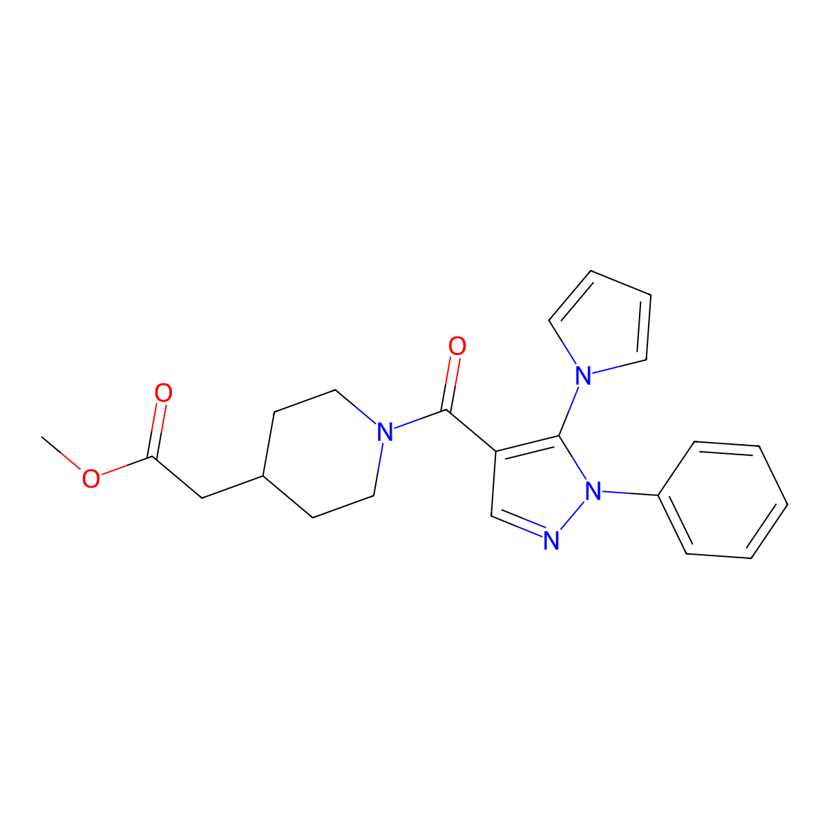 methyl (1-{[1-phenyl-5-(1H-pyrrol-1-yl)-1H-pyrazol-4-yl]carbonyl}piperidin-4-yl)acetate molecular structure, CAS 1282099-12-0