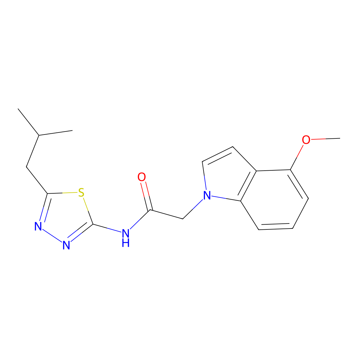 2-(4-methoxy-1H-indol-1-yl)-N-[(2E)-5-(2-methylpropyl)-1,3,4-thiadiazol-2(3H)-ylidene]acetamide molecular structure, CAS 1282099-73-3
