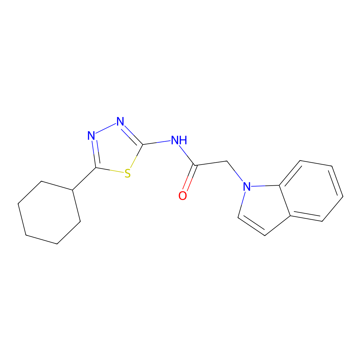 N-(5-cyclohexyl-1,3,4-thiadiazol-2-yl)-2-(1H-indol-1-yl)acetamide molecular structure, CAS 1282099-83-5
