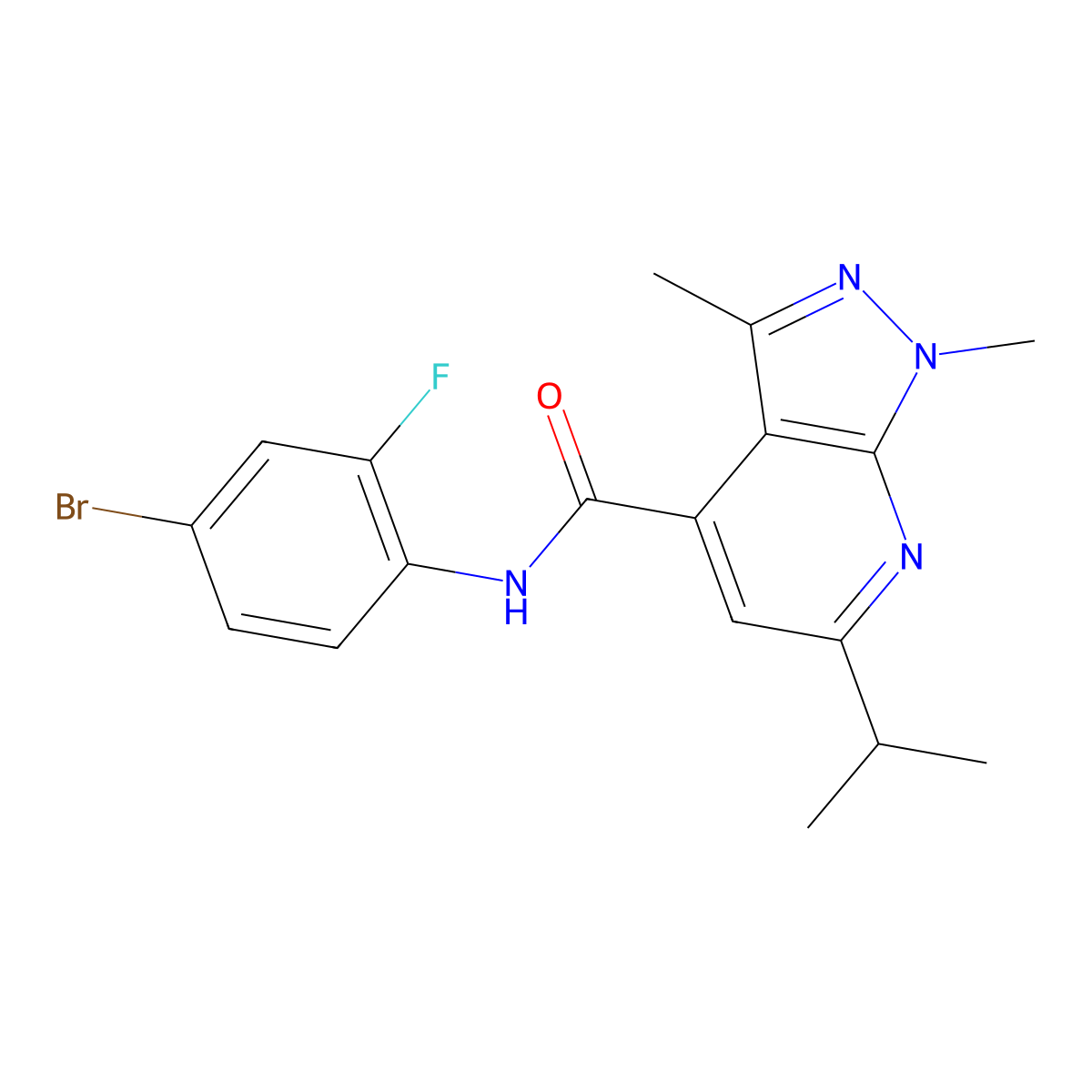 N-(4-bromo-2-fluorophenyl)-1,3-dimethyl-6-(propan-2-yl)-1H-pyrazolo[3,4-b]pyridine-4-carboxamide molecular structure, CAS 1282100-14-4