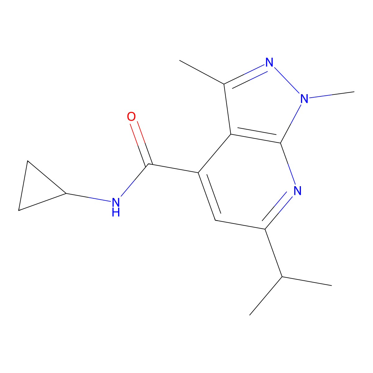 N~4~-cyclopropyl-6-isopropyl-1,3-dimethyl-1H-pyrazolo[3,4-b]pyridine-4-carboxamide molecular structure, CAS 1282100-29-1