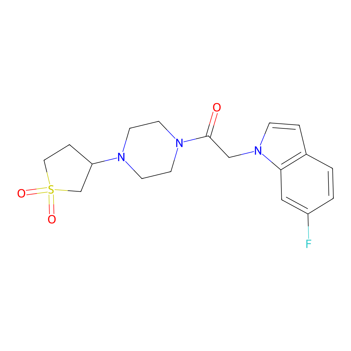 1-(4-(1,1-dioxidotetrahydrothiophen-3-yl)piperazin-1-yl)-2-(6-fluoro-1H-indol-1-yl)ethanone molecular structure, CAS 1282100-38-2
