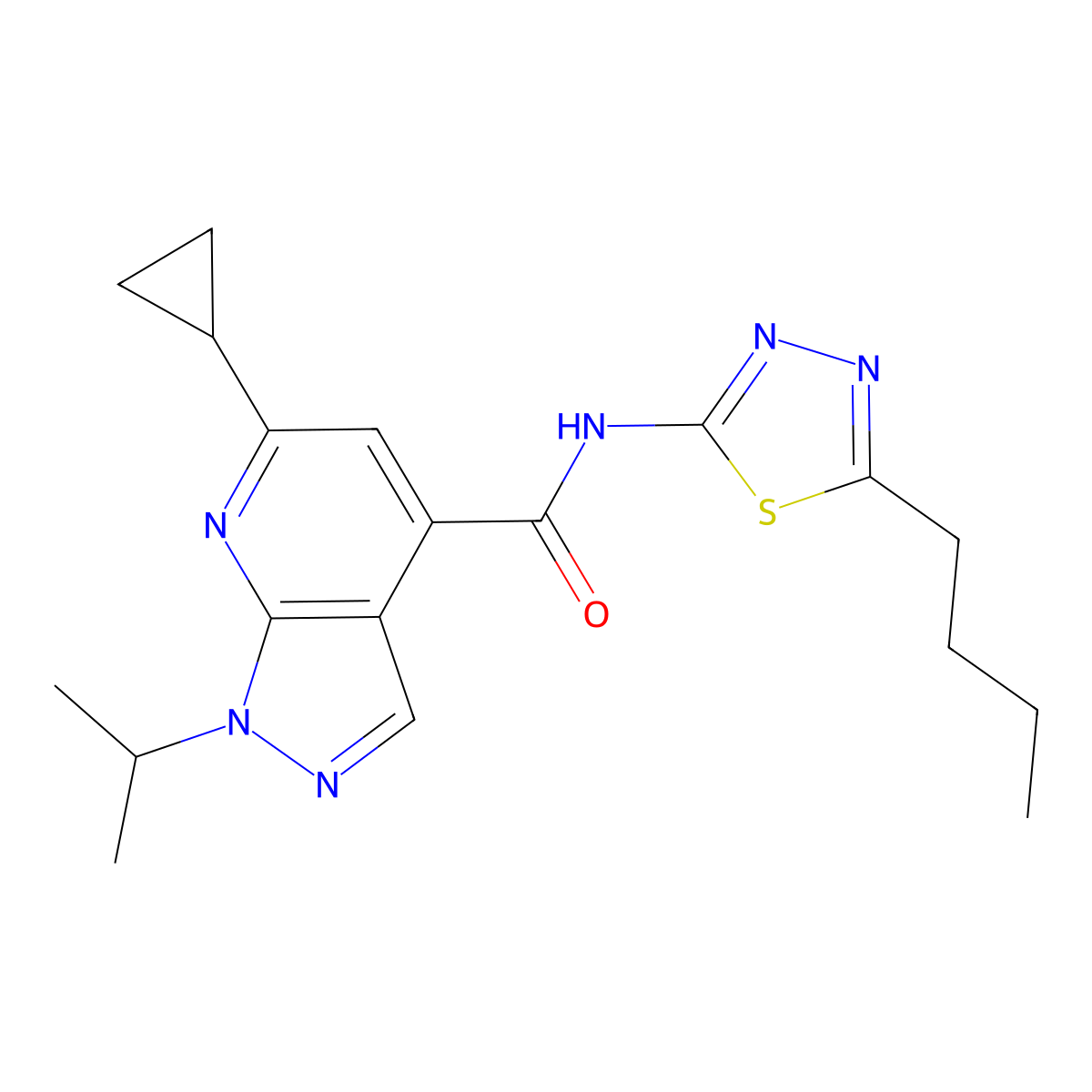 N-[(2E)-5-butyl-1,3,4-thiadiazol-2(3H)-ylidene]-6-cyclopropyl-1-(propan-2-yl)-1H-pyrazolo[3,4-b]pyridine-4-carboxamide molecular structure, CAS 1282100-58-6