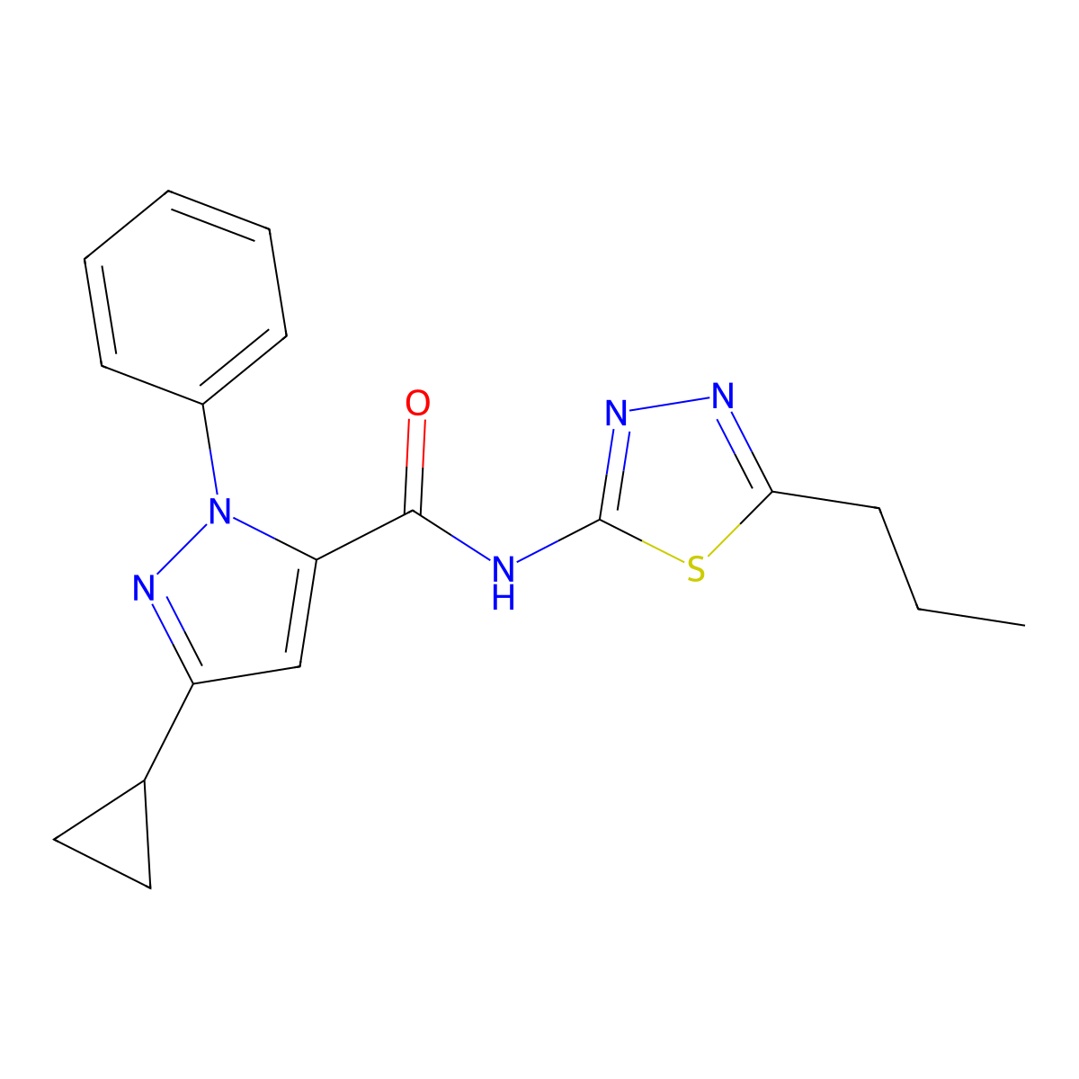 3-cyclopropyl-1-phenyl-N-(5-propyl-1,3,4-thiadiazol-2-yl)-1H-pyrazole-5-carboxamide molecular structure, CAS 1282100-67-7