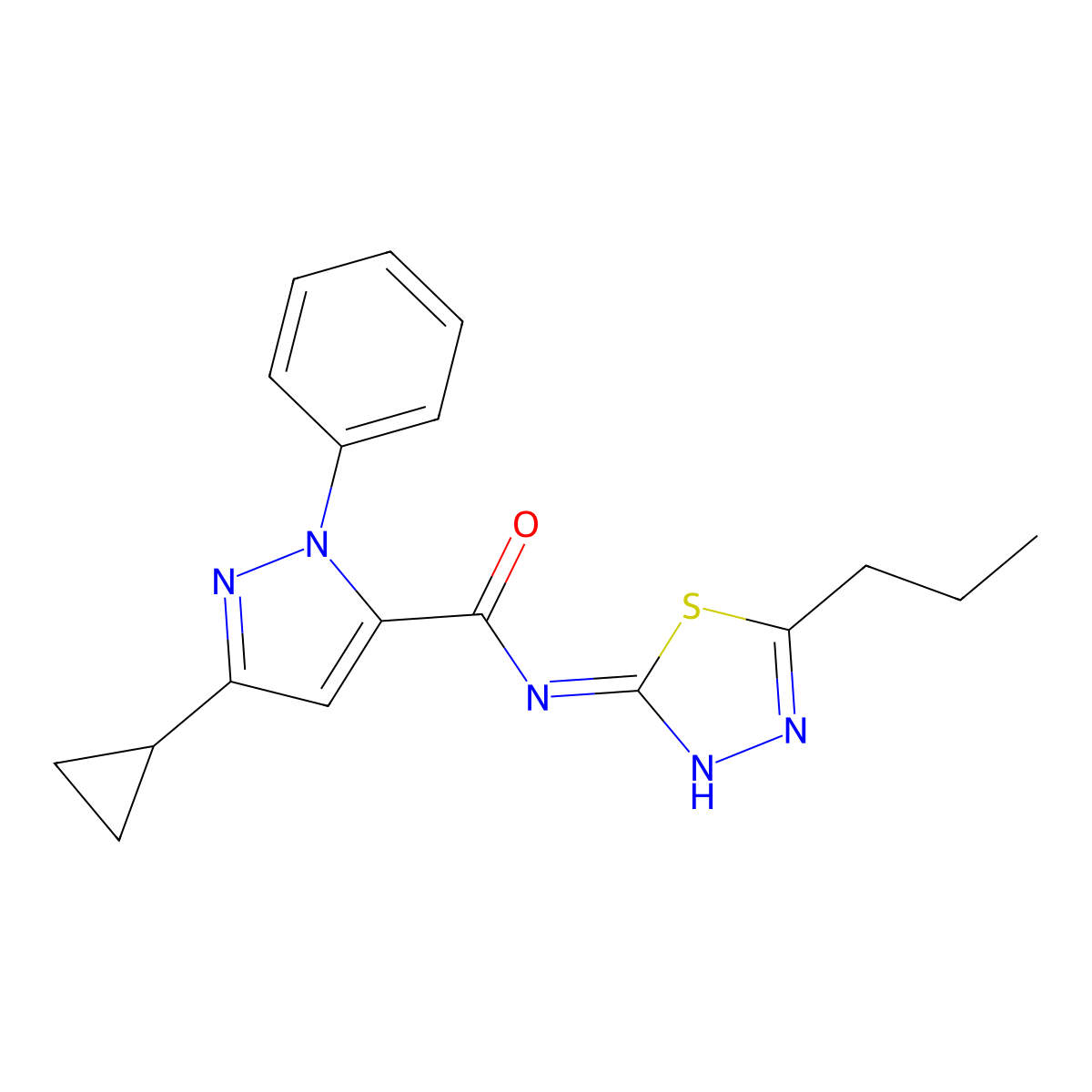3-cyclopropyl-1-phenyl-N-(5-propyl-1,3,4-thiadiazol-2-yl)-1H-pyrazole-5-carboxamide molecular structure, CAS 1282100-67-7