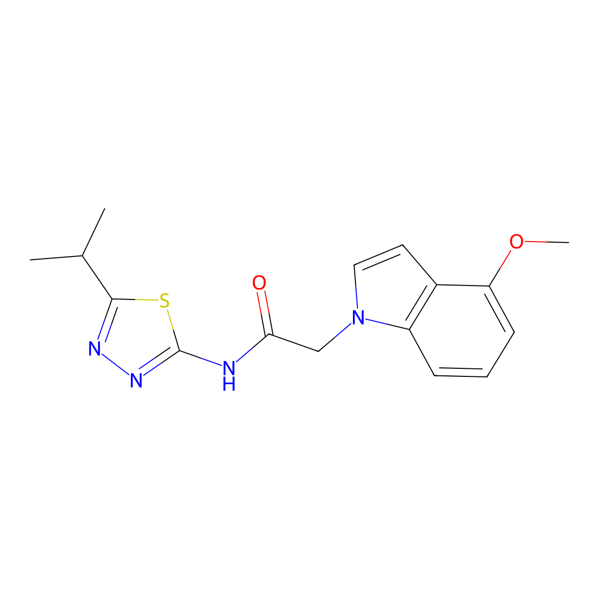 2-(4-methoxy-1H-indol-1-yl)-N-[(2E)-5-(propan-2-yl)-1,3,4-thiadiazol-2(3H)-ylidene]acetamide molecular structure, CAS 1282101-54-5