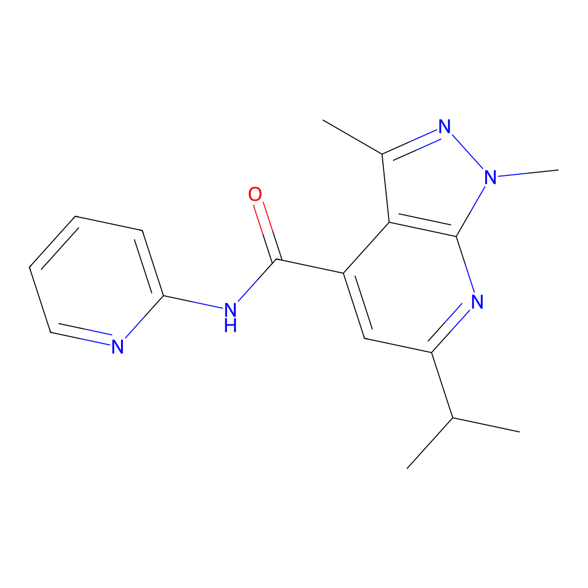 1,3-dimethyl-6-(propan-2-yl)-N-(pyridin-2-yl)-1H-pyrazolo[3,4-b]pyridine-4-carboxamide molecular structure, CAS 1282101-78-3