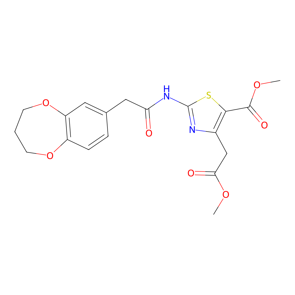 methyl 2-[(3,4-dihydro-2H-1,5-benzodioxepin-7-ylacetyl)amino]-4-(2-methoxy-2-oxoethyl)-1,3-thiazole-5-carboxylate molecular structure, CAS 1282102-02-6