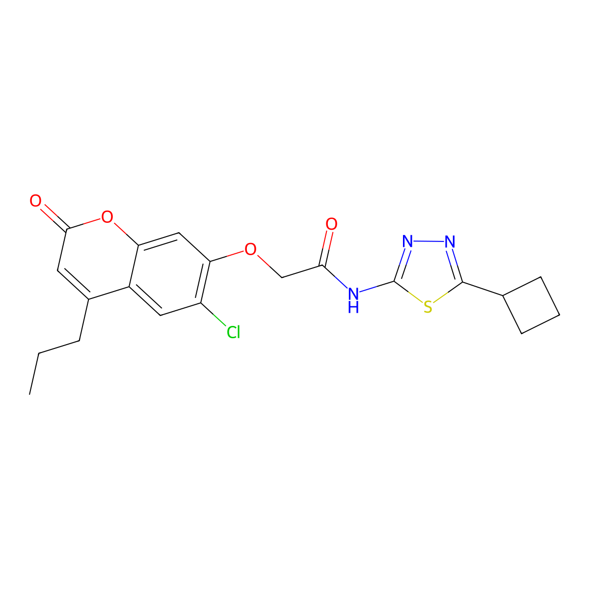 2-[(6-chloro-2-oxo-4-propyl-2H-chromen-7-yl)oxy]-N-[(2E)-5-cyclobutyl-1,3,4-thiadiazol-2(3H)-ylidene]acetamide molecular structure, CAS 1282102-63-9