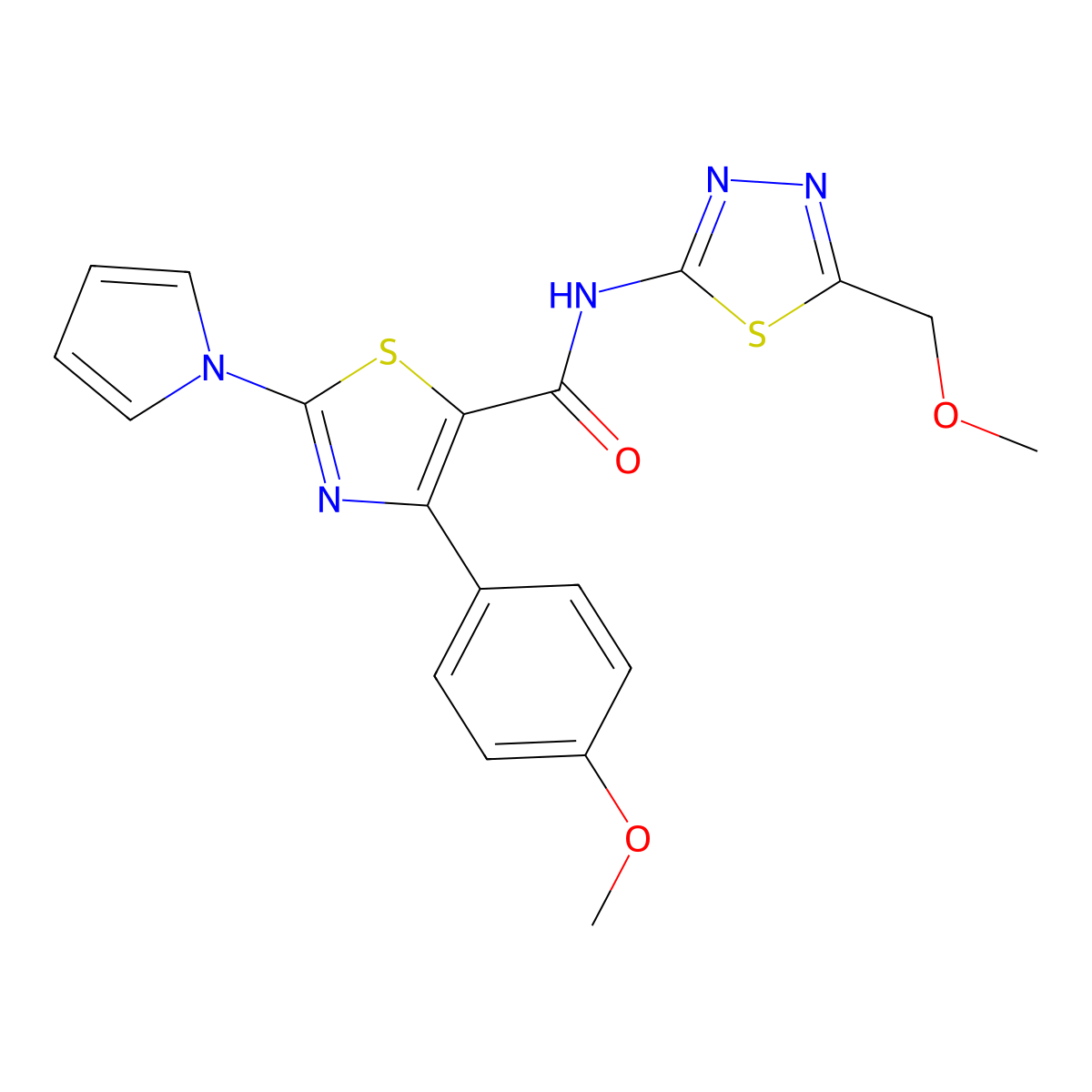 N-[(2Z)-5-(methoxymethyl)-1,3,4-thiadiazol-2(3H)-ylidene]-4-(4-methoxyphenyl)-2-(1H-pyrrol-1-yl)-1,3-thiazole-5-carboxamide molecular structure, CAS 1282102-74-2