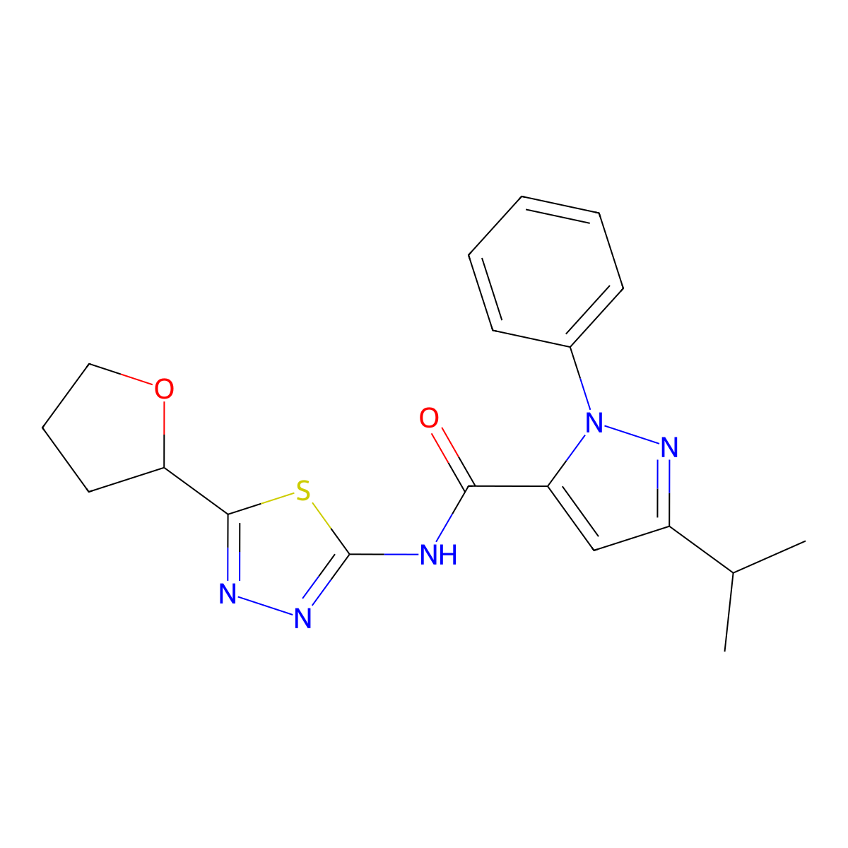 1-phenyl-3-(propan-2-yl)-N-[(2Z)-5-(tetrahydrofuran-2-yl)-1,3,4-thiadiazol-2(3H)-ylidene]-1H-pyrazole-5-carboxamide molecular structure, CAS 1282103-25-6