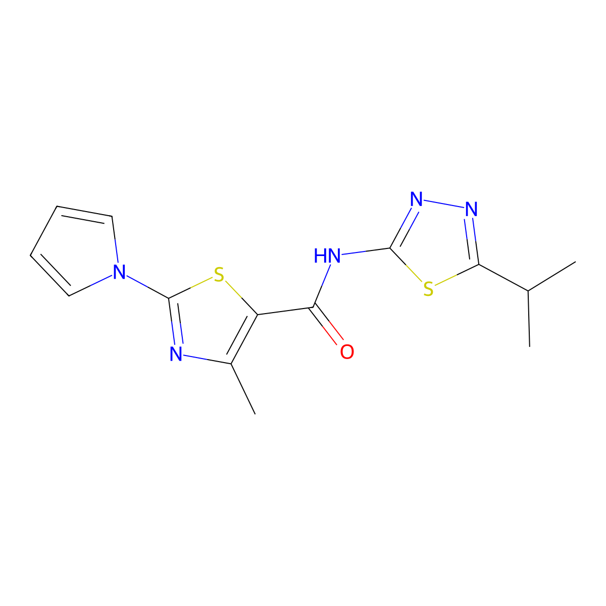 4-methyl-N-[(2E)-5-(propan-2-yl)-1,3,4-thiadiazol-2(3H)-ylidene]-2-(1H-pyrrol-1-yl)-1,3-thiazole-5-carboxamide molecular structure, CAS 1282103-45-0