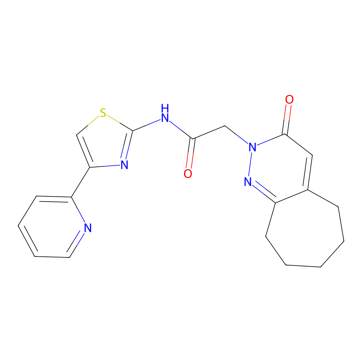 2-(3-oxo-3,5,6,7,8,9-hexahydro-2H-cyclohepta[c]pyridazin-2-yl)-N-[(2Z)-4-(pyridin-2-yl)-1,3-thiazol-2(3H)-ylidene]acetamide molecular structure, CAS 1282103-64-3