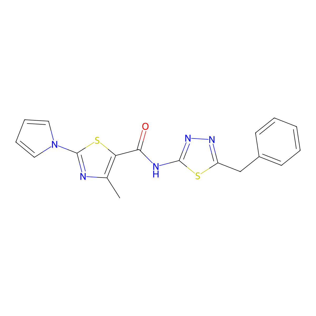 N-[(2E)-5-benzyl-1,3,4-thiadiazol-2(3H)-ylidene]-4-methyl-2-(1H-pyrrol-1-yl)-1,3-thiazole-5-carboxamide molecular structure, CAS 1282103-72-3