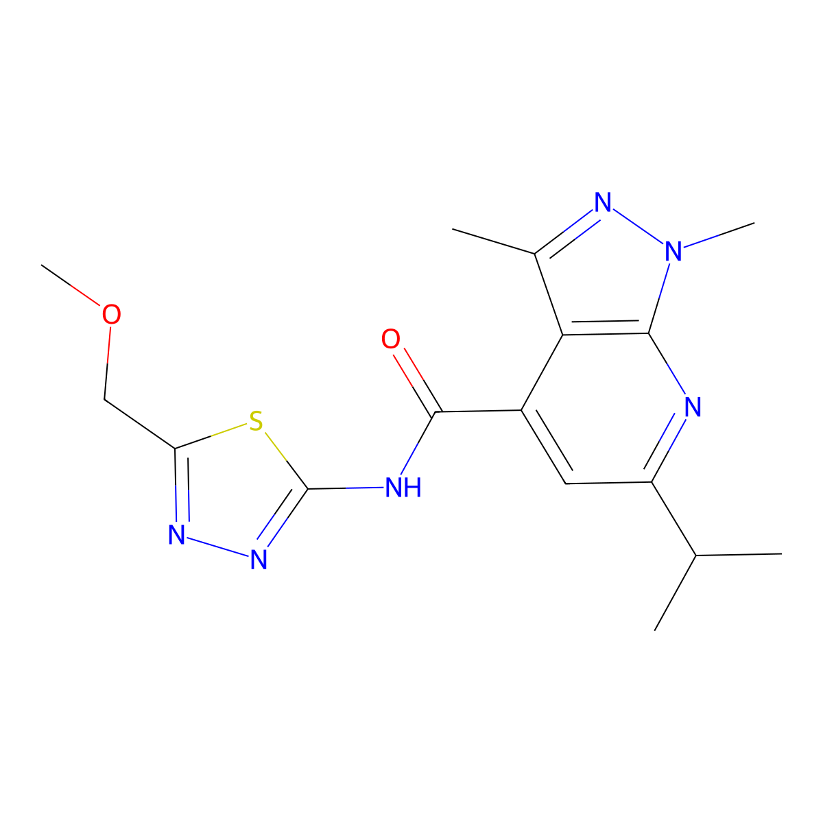 N-[(2E)-5-(methoxymethyl)-1,3,4-thiadiazol-2(3H)-ylidene]-1,3-dimethyl-6-(propan-2-yl)-1H-pyrazolo[3,4-b]pyridine-4-carboxamide molecular structure, CAS 1282104-50-0