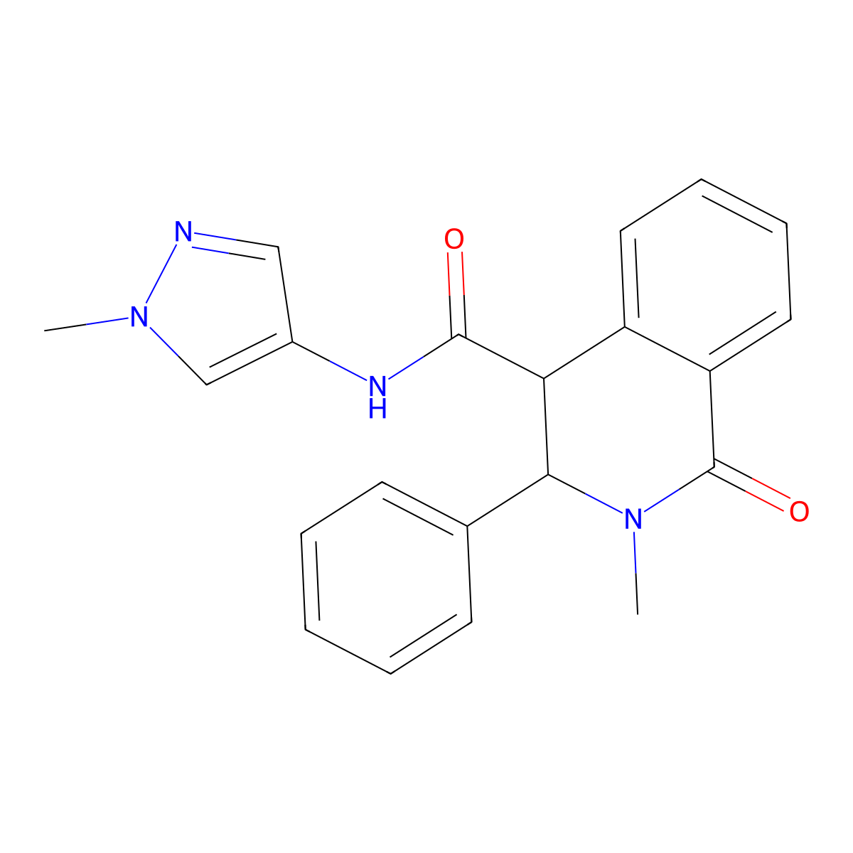 2-methyl-N-(1-methyl-1H-pyrazol-4-yl)-1-oxo-3-phenyl-1,2,3,4-tetrahydroisoquinoline-4-carboxamide molecular structure, CAS 1282104-62-4