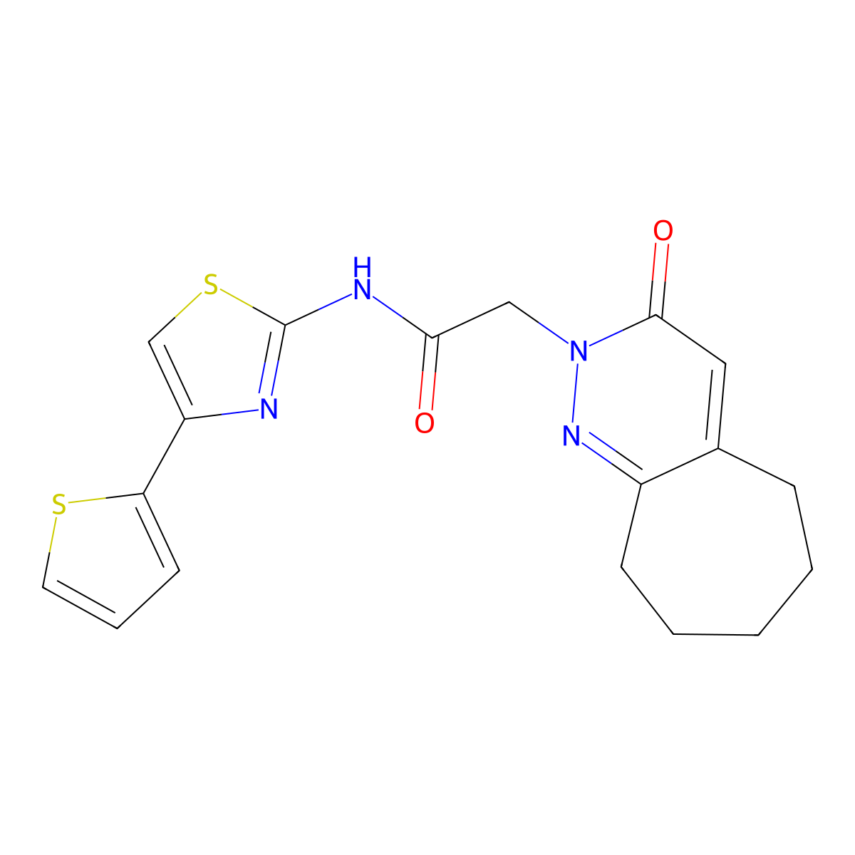 2-(3-oxo-3,5,6,7,8,9-hexahydro-2H-cyclohepta[c]pyridazin-2-yl)-N-[(2Z)-4-(thiophen-2-yl)-1,3-thiazol-2(3H)-ylidene]acetamide molecular structure, CAS 1282104-75-9