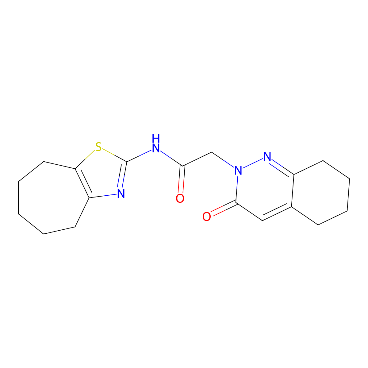 N-[(2Z)-3,4,5,6,7,8-hexahydro-2H-cyclohepta[d][1,3]thiazol-2-ylidene]-2-(3-oxo-5,6,7,8-tetrahydrocinnolin-2(3H)-yl)acetamide molecular structure, CAS 1282104-85-1