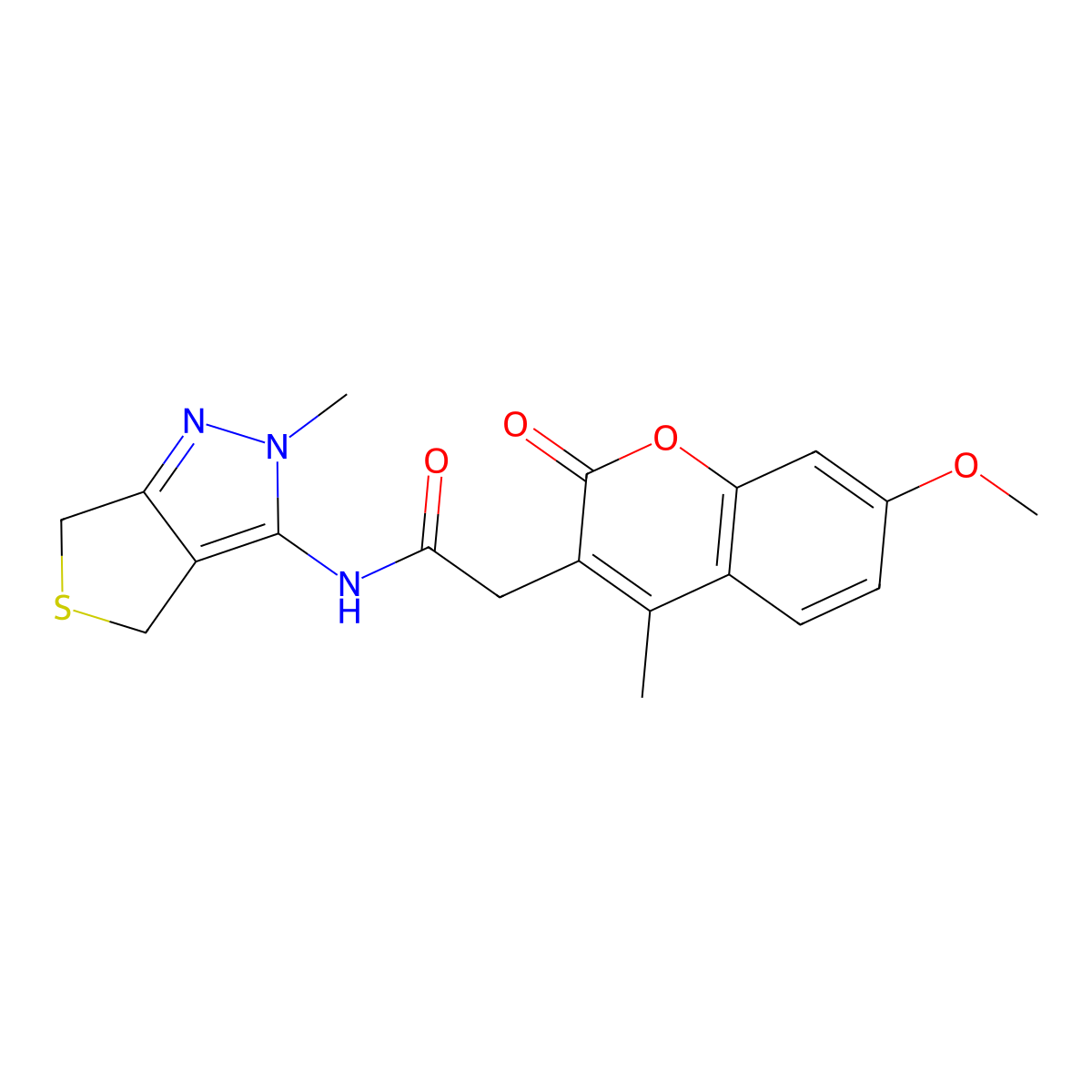 2-(7-methoxy-4-methyl-2-oxo-2H-chromen-3-yl)-N-(2-methyl-2,6-dihydro-4H-thieno[3,4-c]pyrazol-3-yl)acetamide molecular structure, CAS 1282105-42-3