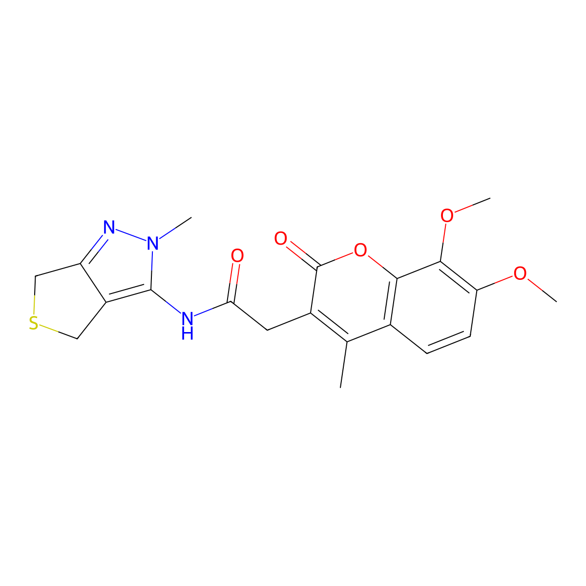 2-(7,8-dimethoxy-4-methyl-2-oxo-2H-chromen-3-yl)-N-(2-methyl-2,6-dihydro-4H-thieno[3,4-c]pyrazol-3-yl)acetamide molecular structure, CAS 1282105-44-5