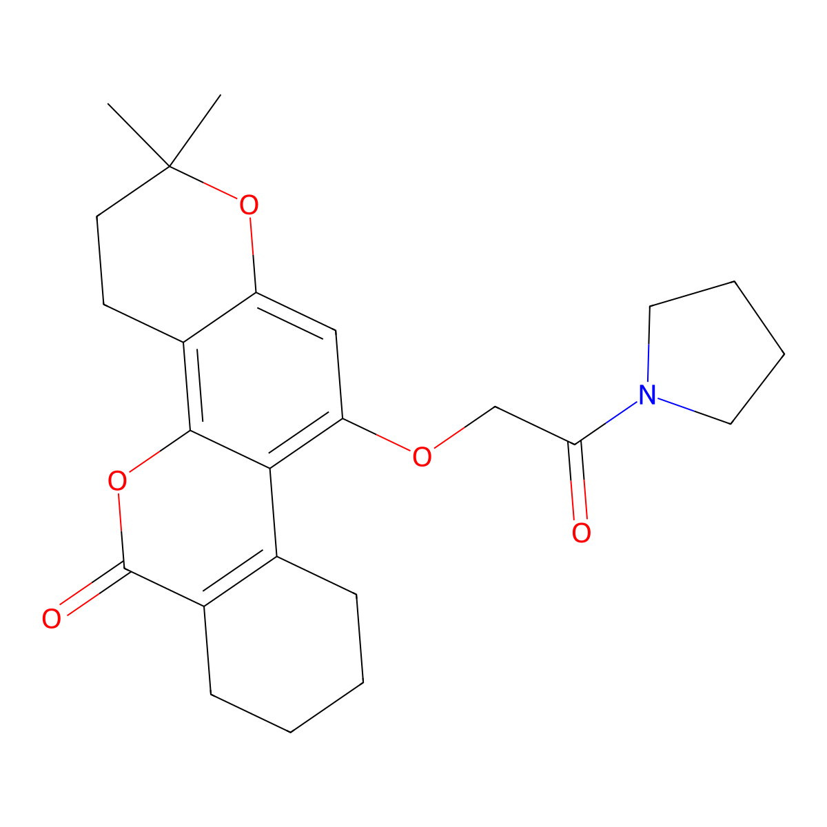 2,2-dimethyl-11-[2-oxo-2-(pyrrolidin-1-yl)ethoxy]-3,4,7,8,9,10-hexahydro-2H,6H-benzo[c]pyrano[2,3-h]chromen-6-one molecular structure, CAS 1282105-92-3