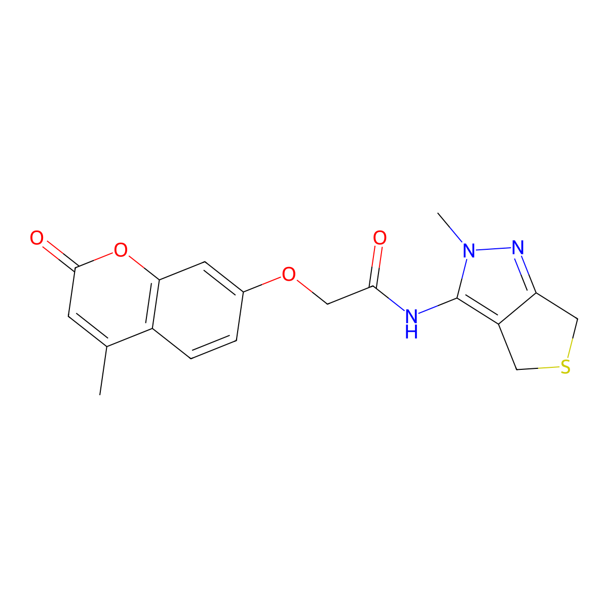 N-(2-methyl-2,6-dihydro-4H-thieno[3,4-c]pyrazol-3-yl)-2-[(4-methyl-2-oxo-2H-chromen-7-yl)oxy]acetamide molecular structure, CAS 1282106-22-2