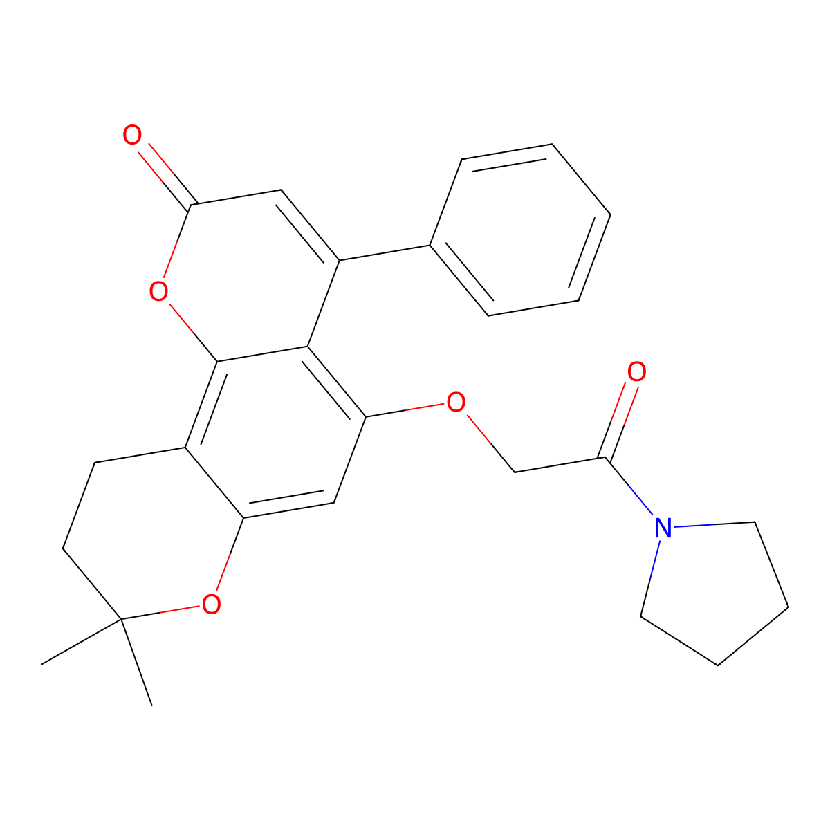 8,8-dimethyl-5-[2-oxo-2-(pyrrolidin-1-yl)ethoxy]-4-phenyl-9,10-dihydro-2H,8H-pyrano[2,3-f]chromen-2-one molecular structure, CAS 1282106-56-2