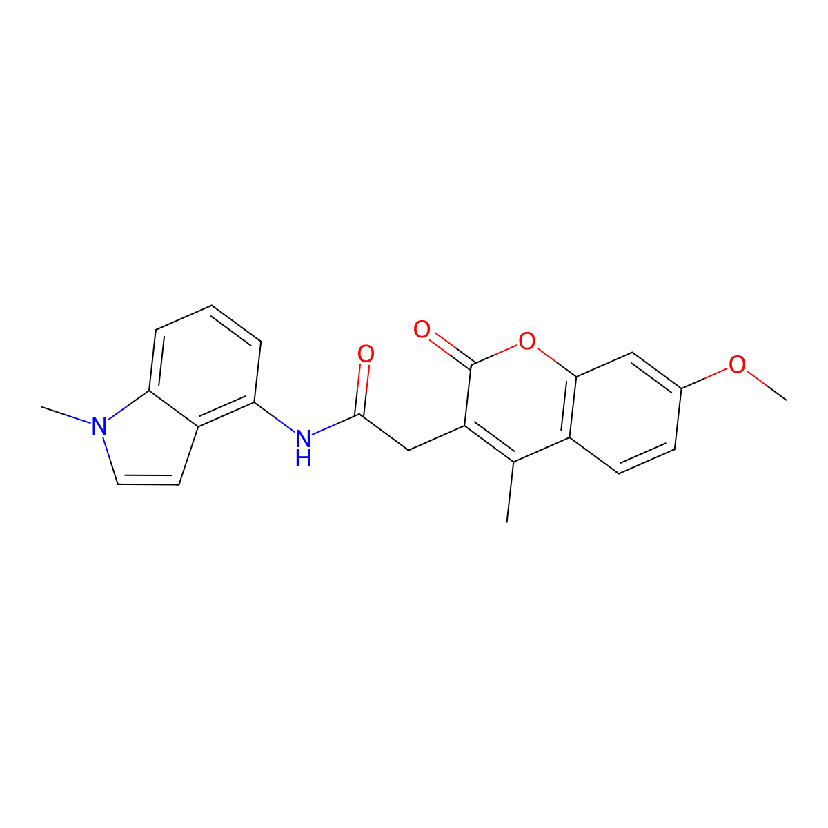 2-(7-methoxy-4-methyl-2-oxo-2H-chromen-3-yl)-N-(1-methyl-1H-indol-4-yl)acetamide molecular structure, CAS 1282107-00-9