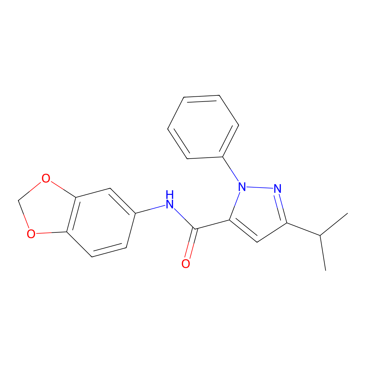 N-(1,3-benzodioxol-5-yl)-1-phenyl-3-(propan-2-yl)-1H-pyrazole-5-carboxamide molecular structure, CAS 1282109-44-7