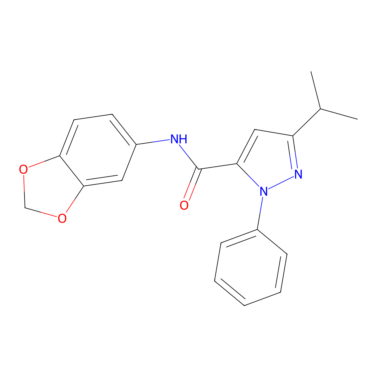N-(1,3-benzodioxol-5-yl)-1-phenyl-3-(propan-2-yl)-1H-pyrazole-5-carboxamide molecular structure, CAS 1282109-44-7