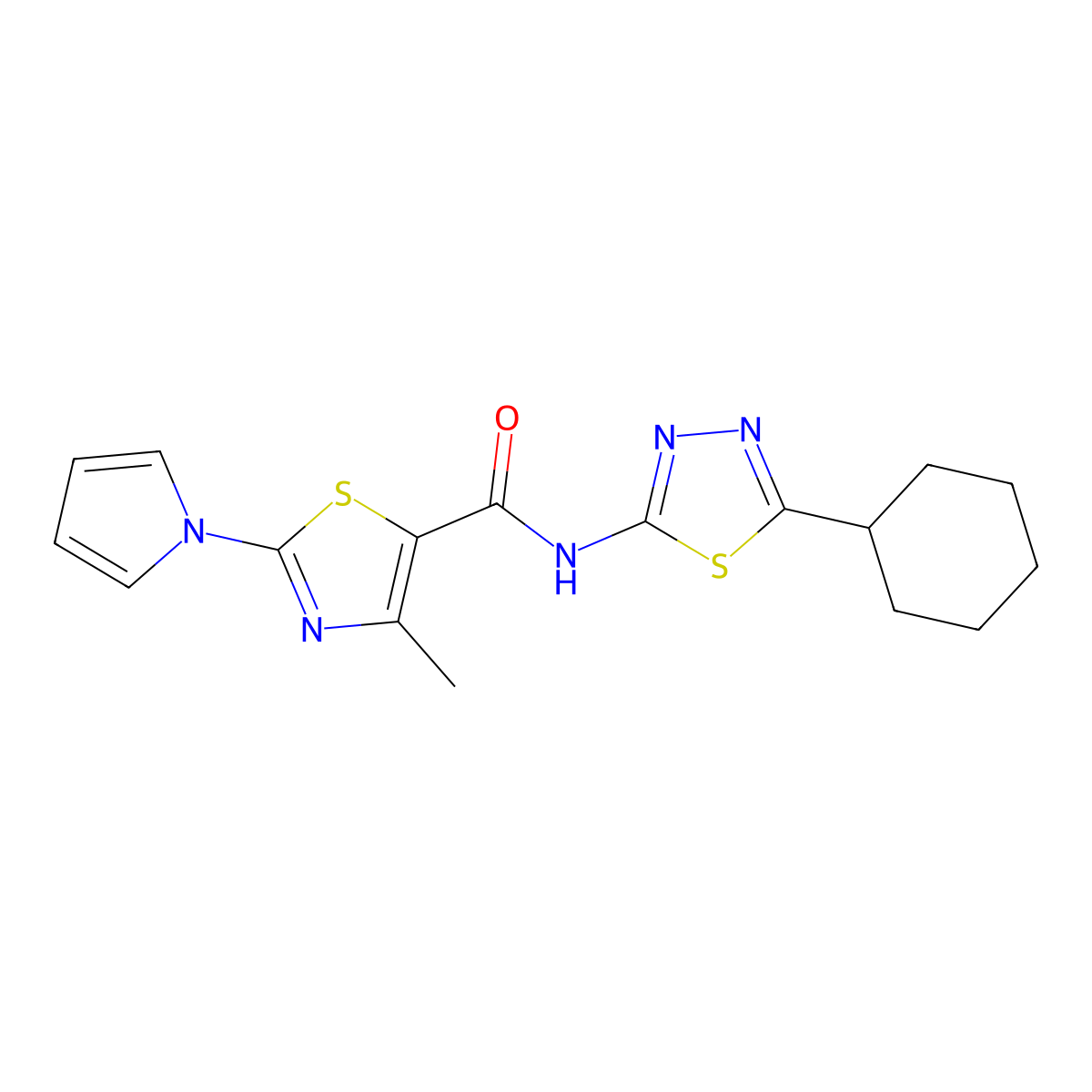 N-[(2E)-5-cyclohexyl-1,3,4-thiadiazol-2(3H)-ylidene]-4-methyl-2-(1H-pyrrol-1-yl)-1,3-thiazole-5-carboxamide molecular structure, CAS 1282109-92-5
