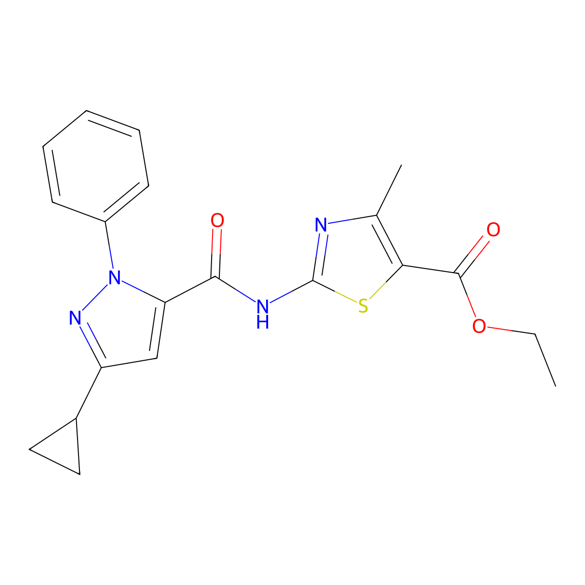 ethyl 2-{[(3-cyclopropyl-1-phenyl-1H-pyrazol-5-yl)carbonyl]amino}-4-methyl-1,3-thiazole-5-carboxylate molecular structure, CAS 1282110-53-5