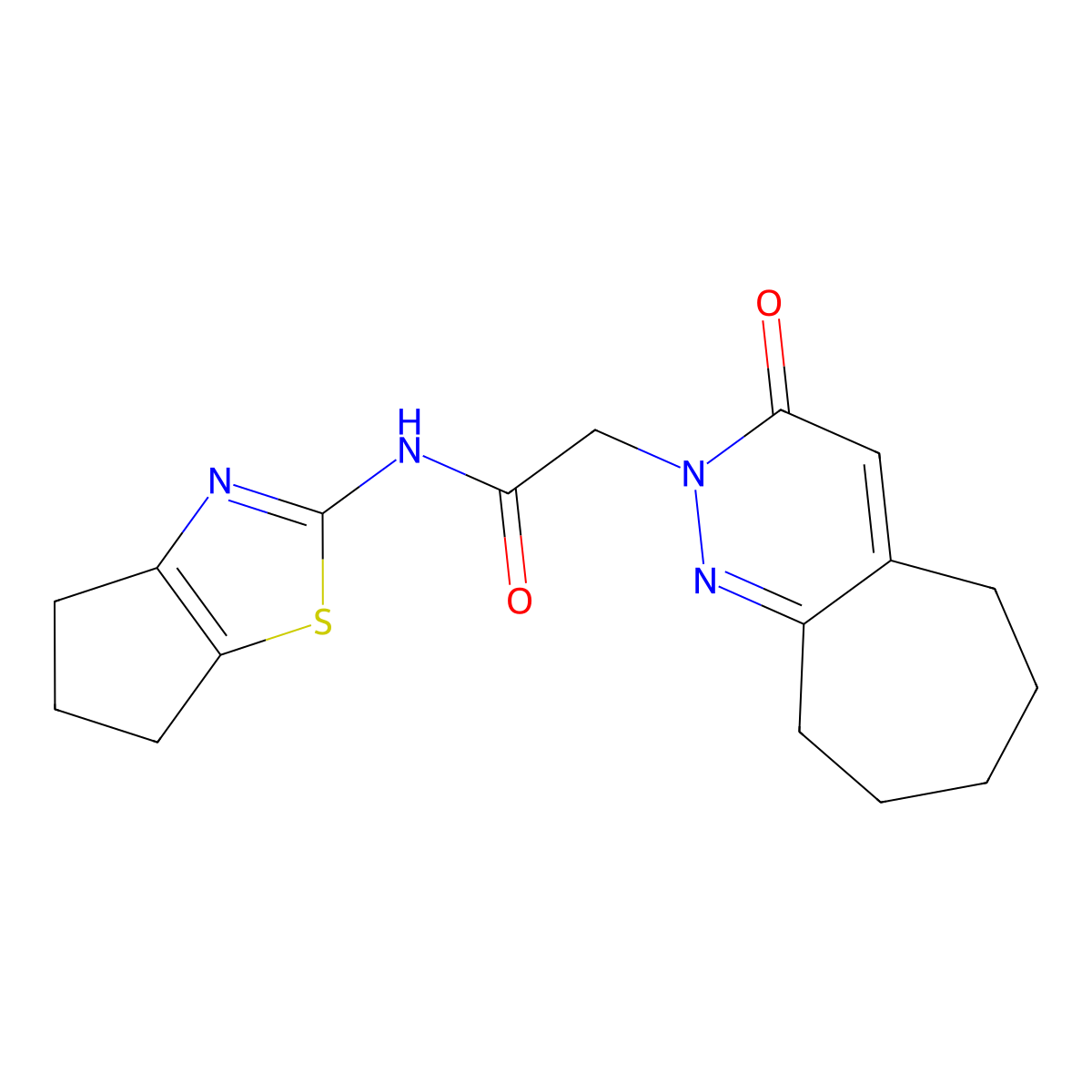 2-(3-oxo-3,5,6,7,8,9-hexahydro-2H-cyclohepta[c]pyridazin-2-yl)-N-[(2Z)-3,4,5,6-tetrahydro-2H-cyclopenta[d][1,3]thiazol-2-ylidene]acetamide molecular structure, CAS 1282111-23-2