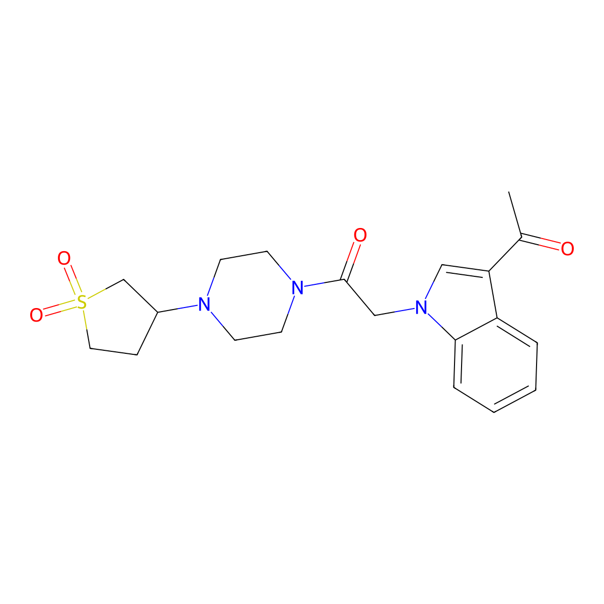 2-(3-acetyl-1H-indol-1-yl)-1-(4-(1,1-dioxidotetrahydrothiophen-3-yl)piperazin-1-yl)ethanone molecular structure, CAS 1282111-37-8