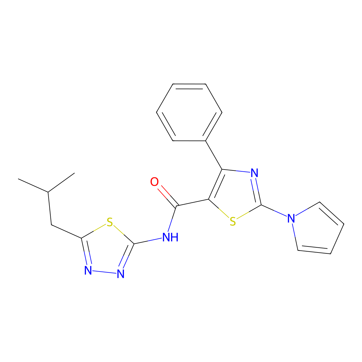 N-[(2Z)-5-(2-methylpropyl)-1,3,4-thiadiazol-2(3H)-ylidene]-4-phenyl-2-(1H-pyrrol-1-yl)-1,3-thiazole-5-carboxamide molecular structure, CAS 1282111-51-6