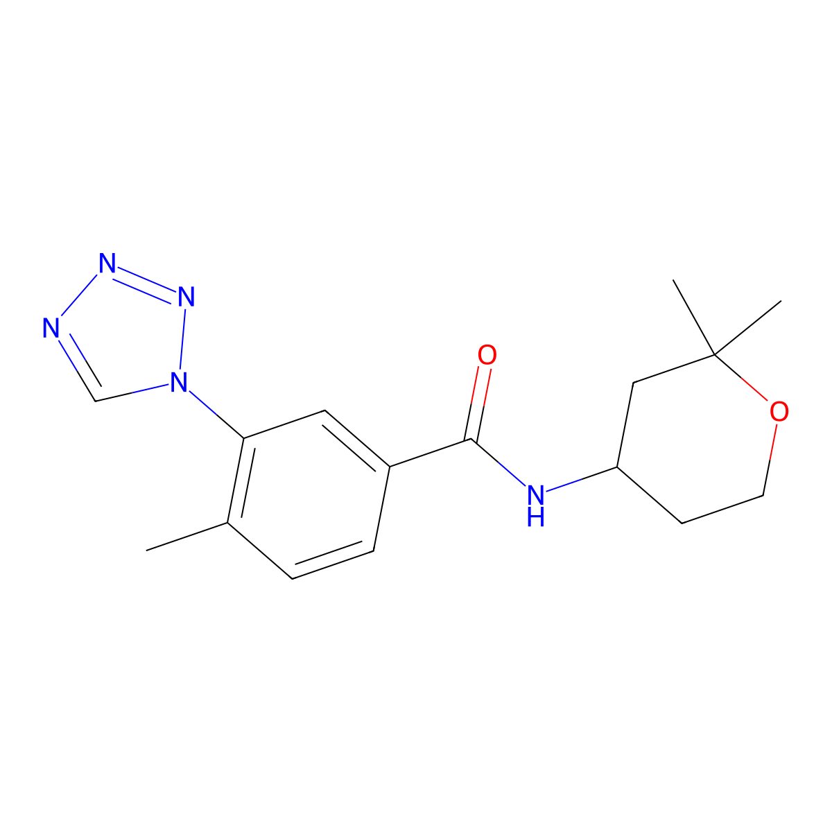 N-(2,2-dimethyltetrahydro-2H-pyran-4-yl)-4-methyl-3-(1H-tetrazol-1-yl)benzamide molecular structure, CAS 1282111-74-3