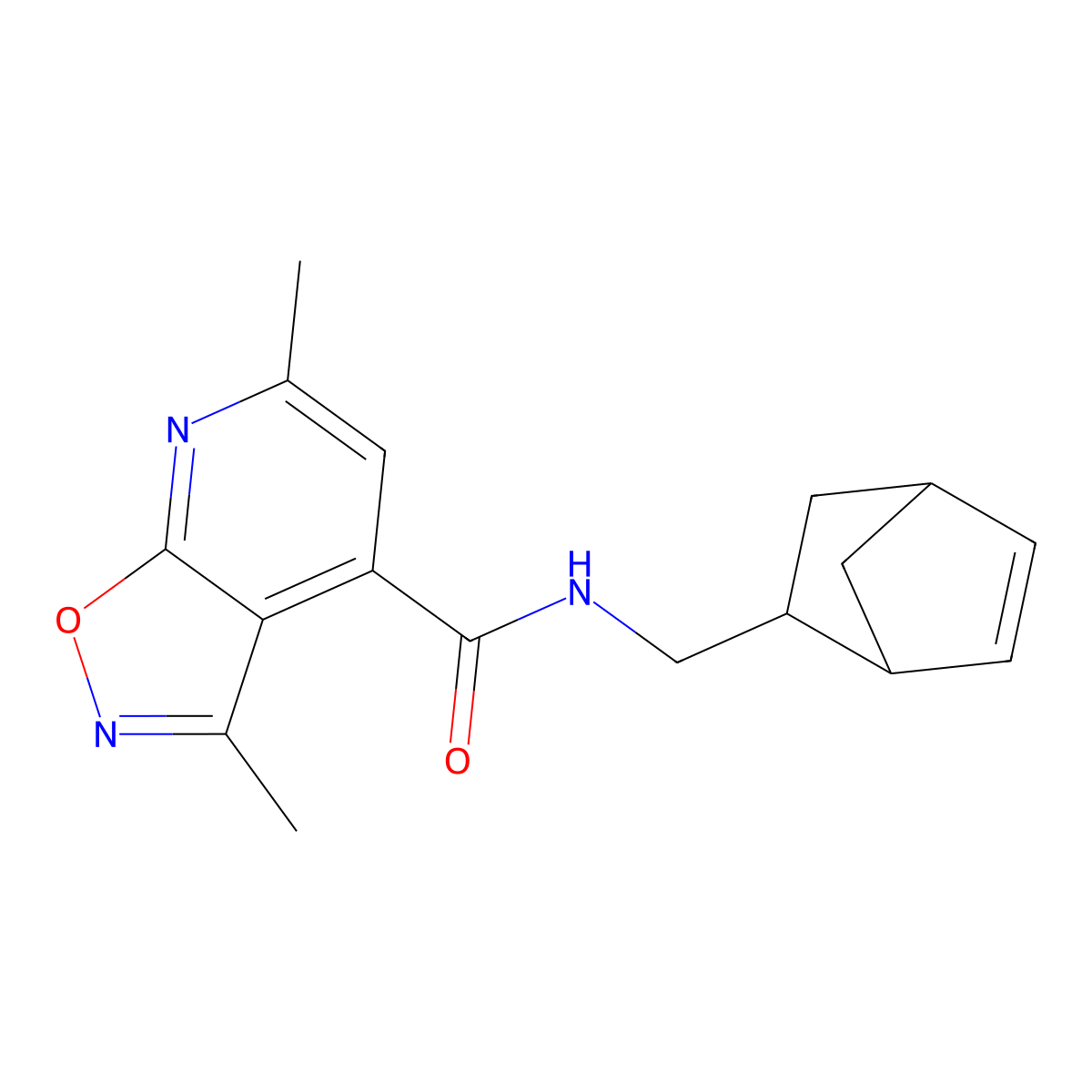 N-(bicyclo[2.2.1]hept-5-en-2-ylmethyl)-3,6-dimethyl[1,2]oxazolo[5,4-b]pyridine-4-carboxamide molecular structure, CAS 1282112-59-7