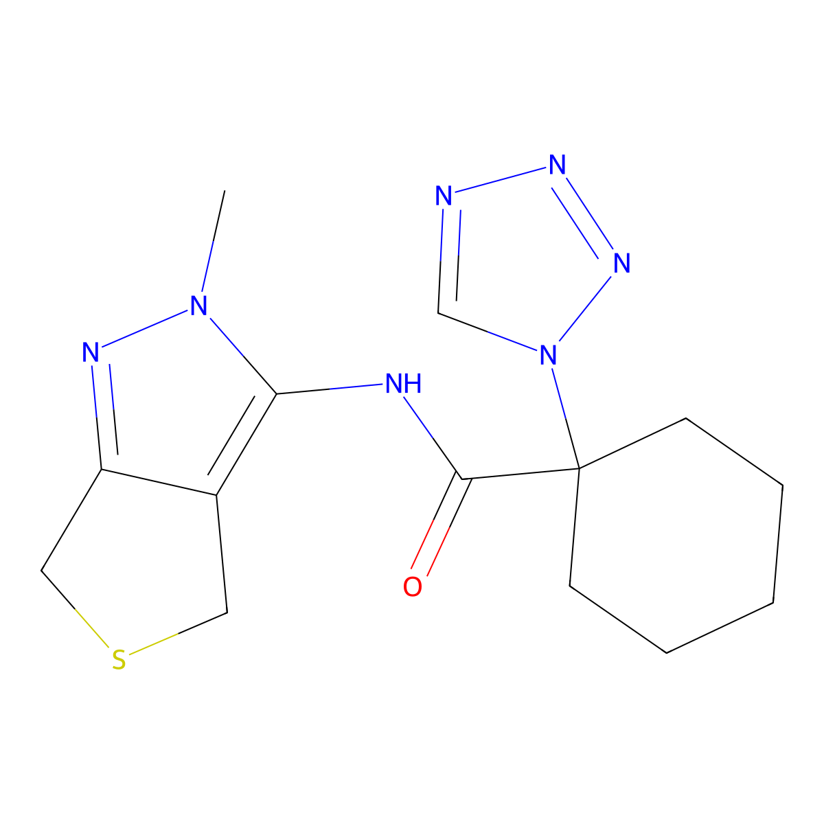 N-(2-methyl-2,6-dihydro-4H-thieno[3,4-c]pyrazol-3-yl)-1-(1H-tetrazol-1-yl)cyclohexanecarboxamide molecular structure, CAS 1282112-82-6