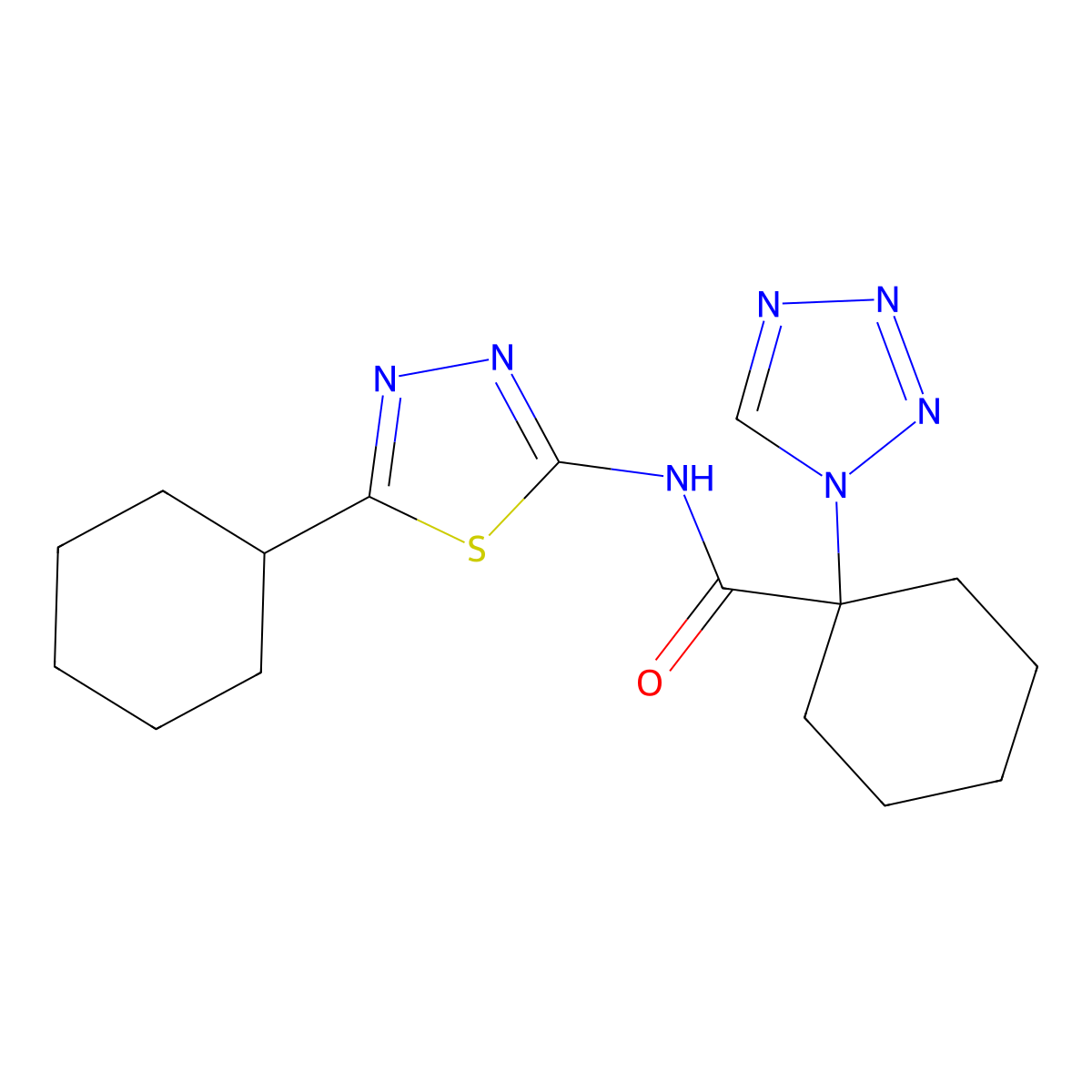 N-(5-cyclohexyl-1,3,4-thiadiazol-2-yl)-1-(1H-tetrazol-1-yl)cyclohexanecarboxamide molecular structure, CAS 1282112-98-4
