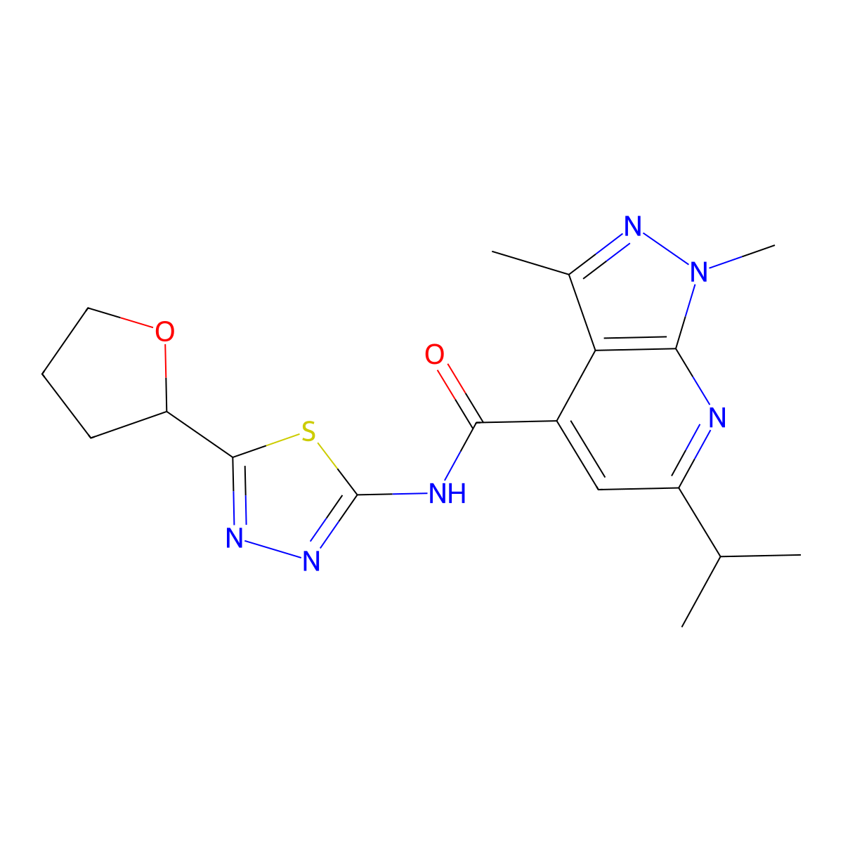 1,3-dimethyl-6-(propan-2-yl)-N-[(2E)-5-(tetrahydrofuran-2-yl)-1,3,4-thiadiazol-2(3H)-ylidene]-1H-pyrazolo[3,4-b]pyridine-4-carboxamide molecular structure, CAS 1282113-01-2