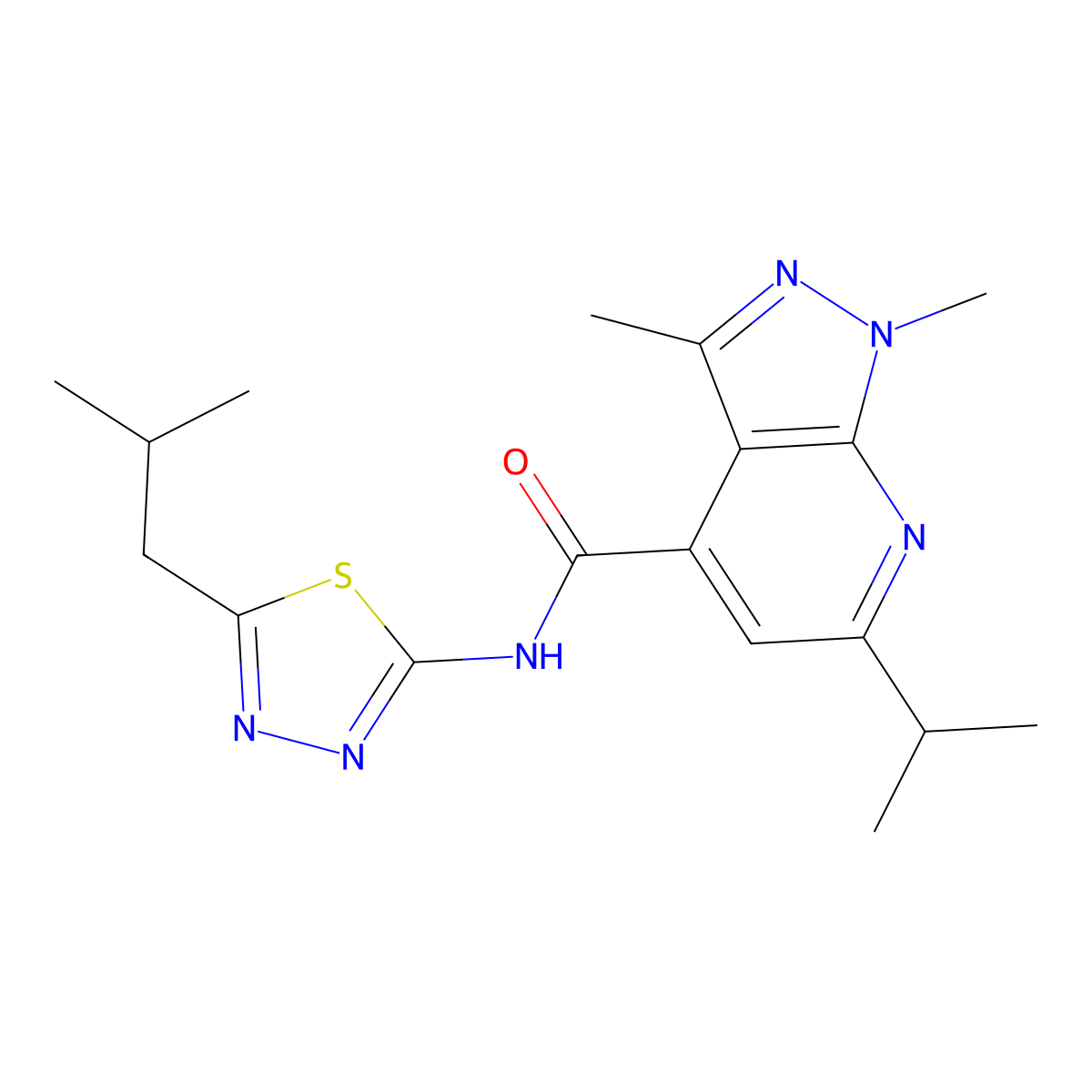 1,3-dimethyl-N-[(2E)-5-(2-methylpropyl)-1,3,4-thiadiazol-2(3H)-ylidene]-6-(propan-2-yl)-1H-pyrazolo[3,4-b]pyridine-4-carboxamide molecular structure, CAS 1282113-11-4