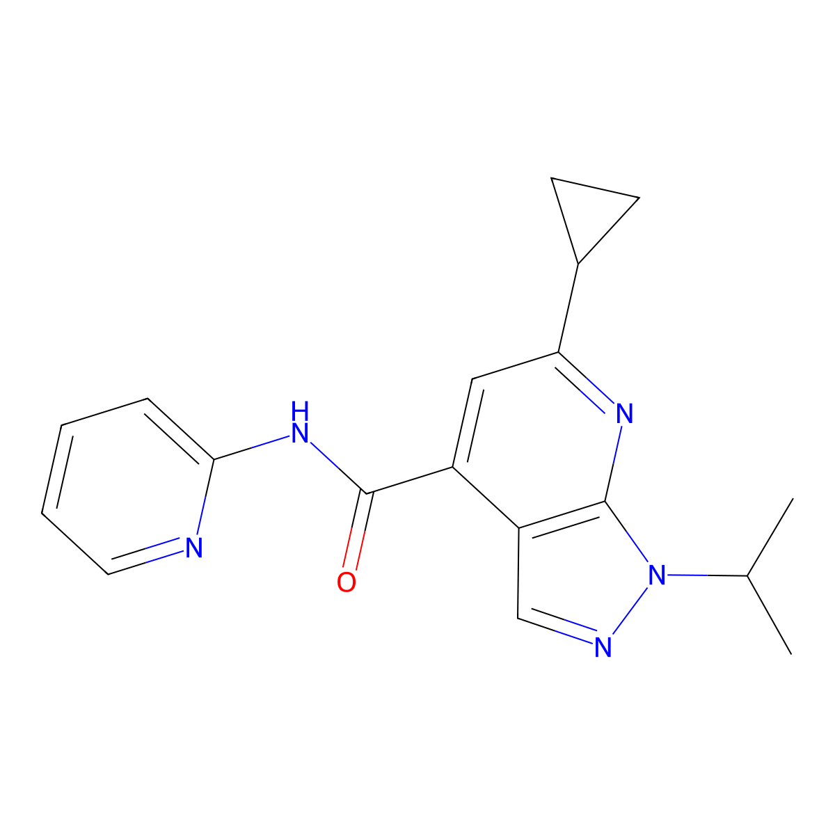 6-cyclopropyl-1-(propan-2-yl)-N-(pyridin-2-yl)-1H-pyrazolo[3,4-b]pyridine-4-carboxamide molecular structure, CAS 1282113-13-6