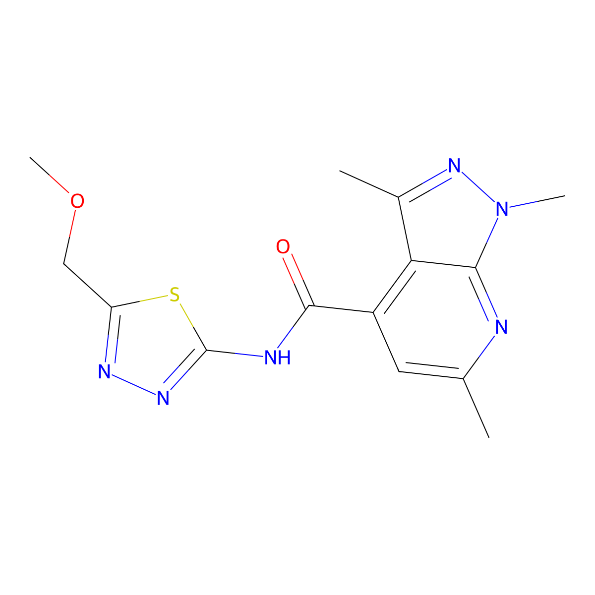 N-[(2E)-5-(methoxymethyl)-1,3,4-thiadiazol-2(3H)-ylidene]-1,3,6-trimethyl-1H-pyrazolo[3,4-b]pyridine-4-carboxamide molecular structure, CAS 1282113-39-6