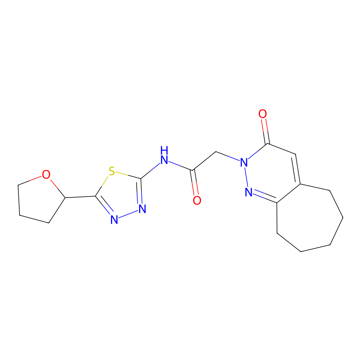2-(3-oxo-3,5,6,7,8,9-hexahydro-2H-cyclohepta[c]pyridazin-2-yl)-N-[(2E)-5-(tetrahydrofuran-2-yl)-1,3,4-thiadiazol-2(3H)-ylidene]acetamide molecular structure, CAS 1282113-41-0