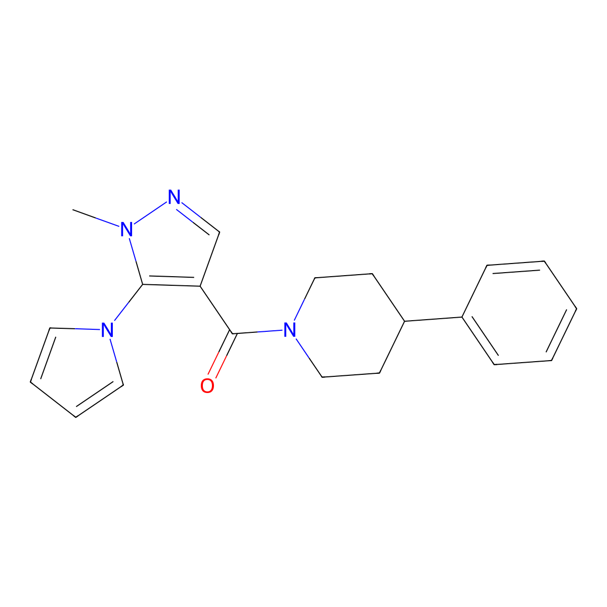 [1-methyl-5-(1H-pyrrol-1-yl)-1H-pyrazol-4-yl](4-phenylpiperidin-1-yl)methanone molecular structure, CAS 1282114-13-9