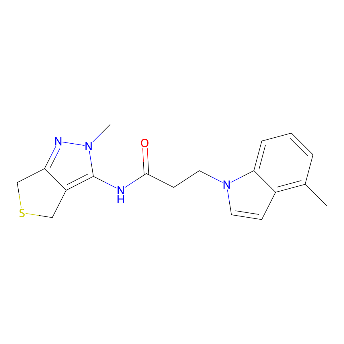 N-(2-methyl-2,6-dihydro-4H-thieno[3,4-c]pyrazol-3-yl)-3-(4-methyl-1H-indol-1-yl)propanamide molecular structure, CAS 1282115-67-6