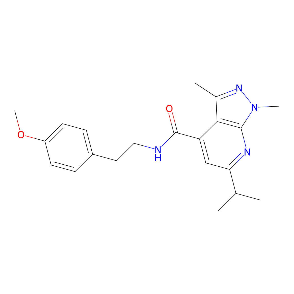 6-isopropyl-N~4~-(4-methoxyphenethyl)-1,3-dimethyl-1H-pyrazolo[3,4-b]pyridine-4-carboxamide molecular structure, CAS 1282116-21-5