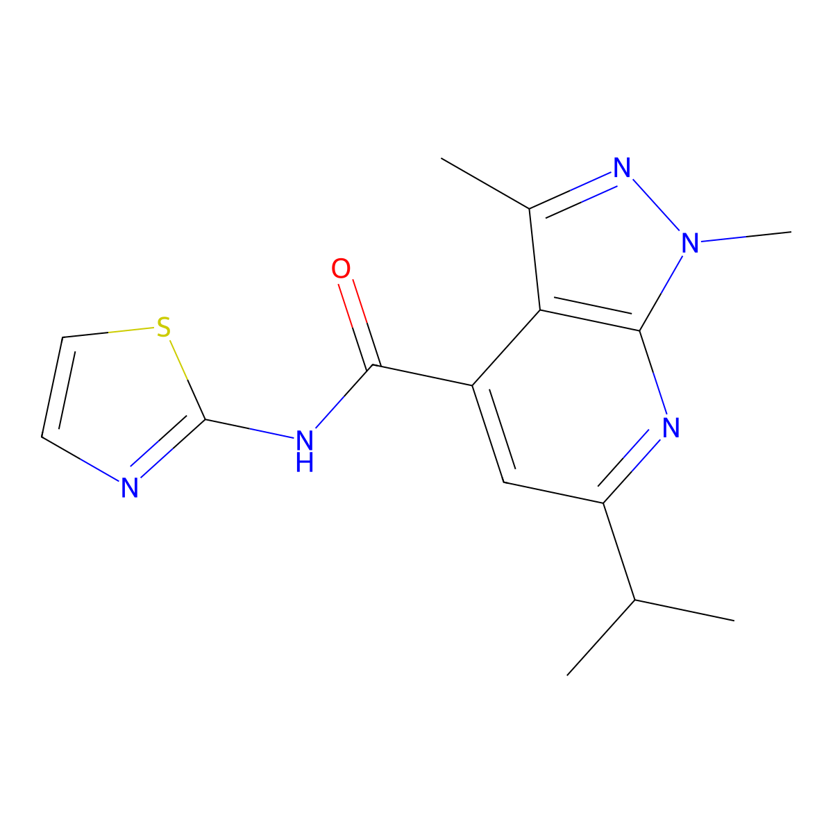 1,3-dimethyl-6-(propan-2-yl)-N-(1,3-thiazol-2-yl)-1H-pyrazolo[3,4-b]pyridine-4-carboxamide molecular structure, CAS 1282116-24-8