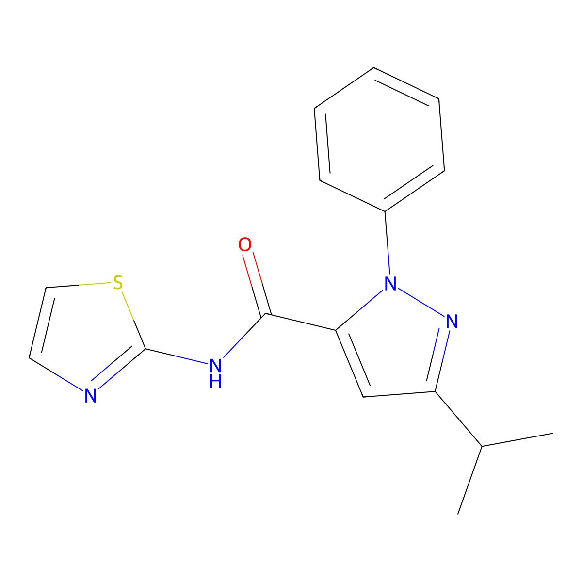 1-phenyl-3-(propan-2-yl)-N-(1,3-thiazol-2-yl)-1H-pyrazole-5-carboxamide molecular structure, CAS 1282116-26-0